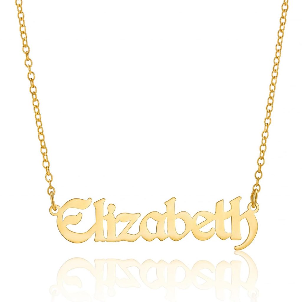 Christmas gift ideas for the whole family of a gold necklace with the name Elizabeth on it.