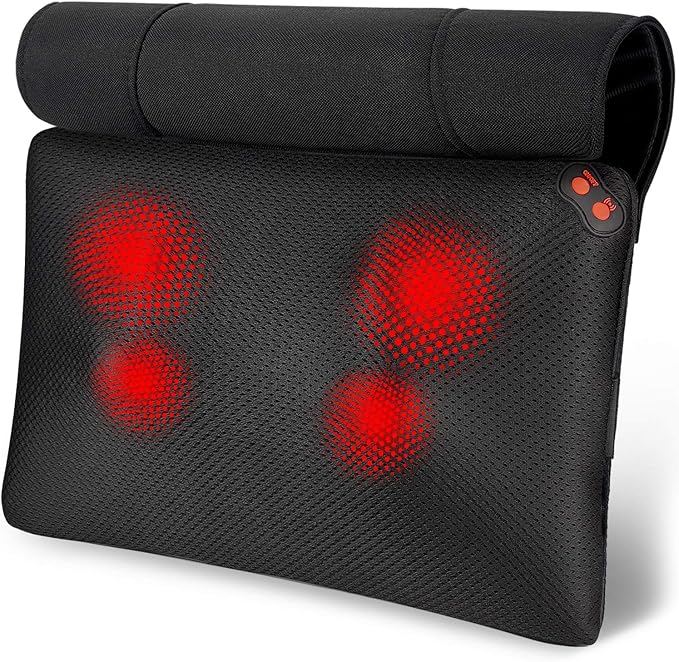 A black pillow massager with red heat circles on it as part of the Christmas gift ideas for the whole family.